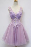 Floral A-line V-neck Knee Length Tulle Homecoming Dress With Appliques TR0139