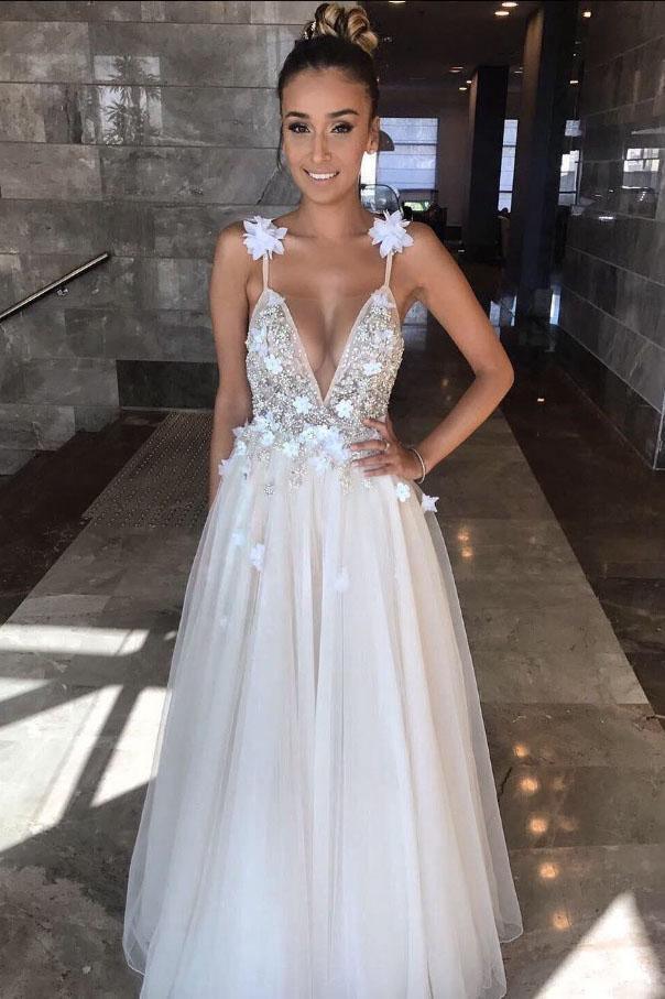 Floral Open Back Deep V-neck Straps Tulle Appliques Prom Dress,Floral Princess Wedding Dress TN128 - Tirdress