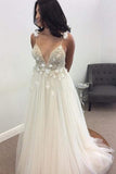 Floral Open Back Deep V-neck Straps Tulle Appliques Prom Dress,Floral Princess Wedding Dress TN128 - Tirdress