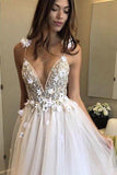 Floral Open Back Deep V-neck Straps Tulle Appliques Prom Dress,Floral Princess Wedding Dress TN128 - Tirdress