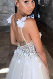 Floral Open Back Deep V-neck Straps Tulle Appliques Prom Dress,Floral Princess Wedding Dress TN128 - Tirdress