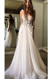Floral Open Back Deep V-neck Straps Tulle Appliques Prom Dress,Floral Princess Wedding Dress TN128