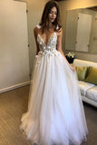 Floral Open Back Deep V-neck Straps Tulle Appliques Prom Dress,Floral Princess Wedding Dress TN128 - Tirdress