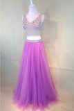 Fuchsia Pink Two-Piece Fashion Beaded V-Neck Tulle Prom Dress PG381 - Tirdress