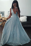 Glamorous Deep V-neck Floor-Length Silver Prom Dresses Beading TR0086 - Tirdress