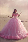 Glamorous Off-the-shoulder Ball Gown Pink Wedding Dress With Flower TN0028