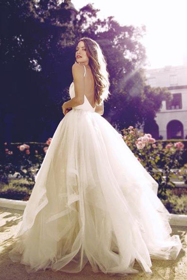 Glamorous Straps Ball Gowns Ivory Backless Tulle Wedding Dresses WD124 - Tirdress
