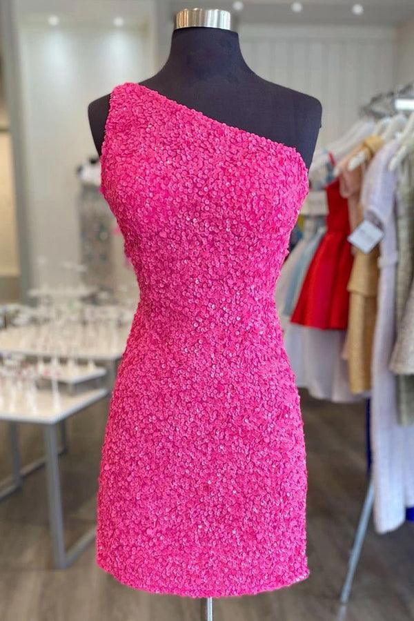 Glitter One Shoulder Hot Pink Homecoming Dress Short Prom Dress HD0168 Tirdress