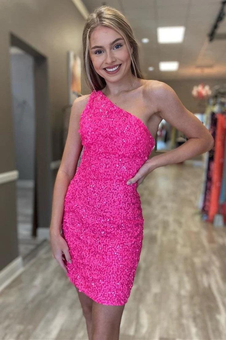 Glitter One Shoulder Hot Pink Tight Short Prom Dress Homecoming Dress Tirdress Glitter One Shoulder Hot Pink Tight Short Prom Dress Homecoming Dress Tirdress