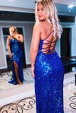 Glitter Royal Blue Sequins Long Prom Evening dress with Slit TP1146 - Tirdress