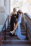 Glitter Mermaid V Neck Cross Back Blue Sequin Prom Dresses with Slit TP1099
