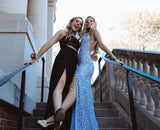 Glitter Mermaid V Neck Cross Back Blue Sequin Prom Dresses with Slit TP1099 - Tirdress