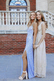 Glitter Mermaid V Neck Cross Back Blue Sequin Prom Dresses with Slit TP1099 - Tirdress