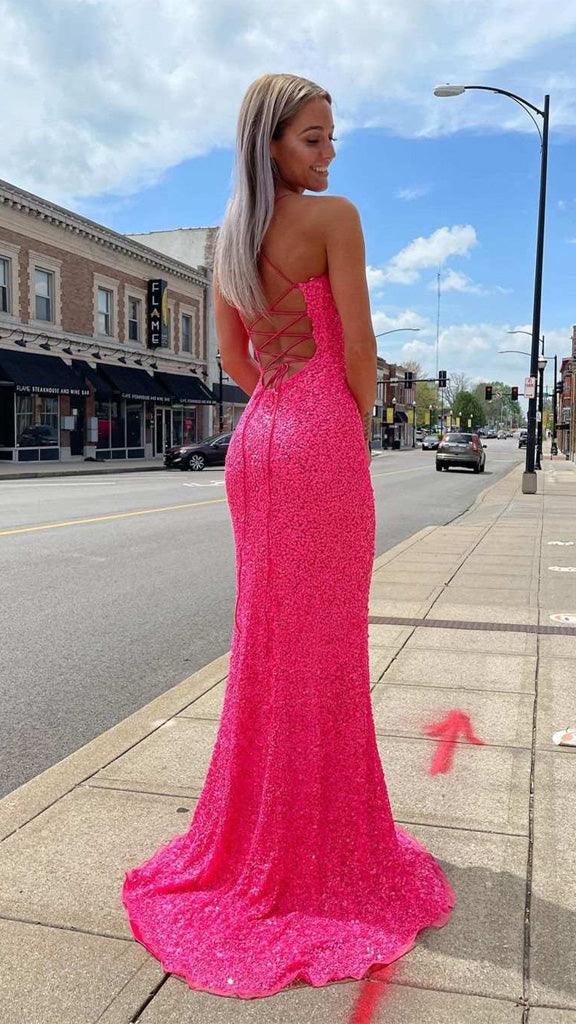 Glitter Straps Hot Pink Sequins Prom Evening Dress with Slit TP1048 US8 / Custom Color Glitter Straps Hot Pink Sequins Prom Evening Dress with Slit TP1048 US8 / Custom Color