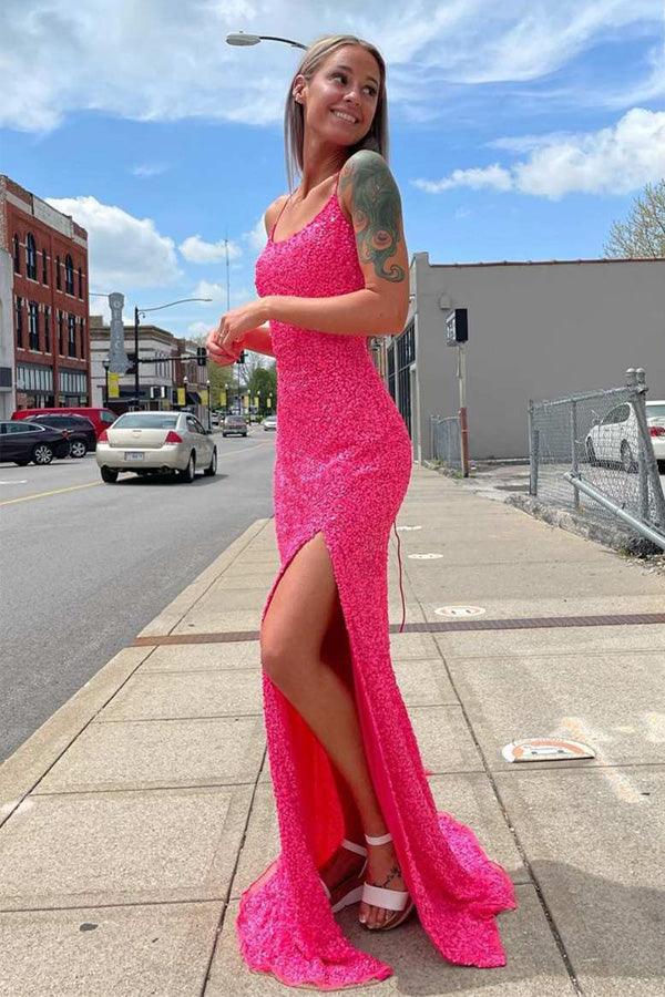 Glitter Straps Hot Pink Sequins Prom Evening Dress with Slit TP1048 US8 / Custom Color Glitter Straps Hot Pink Sequins Prom Evening Dress with Slit TP1048 US8 / Custom Color