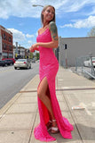 Glitter Straps Hot Pink Sequins Prom Evening Dress with Slit TP1048