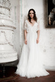 Gorgeous Tulle Short Sleeves A-line Wedding Dresses With Lace TN299 - Tirdress