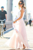 Gorgeous Crew Long Pink Chiffon Prom Dress with White Lace Top PG391 - Tirdress