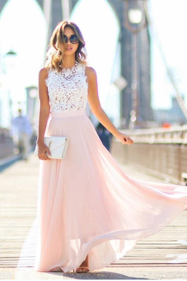 Gorgeous Crew Long Pink Chiffon Prom Dress with White Lace Top Tirdress