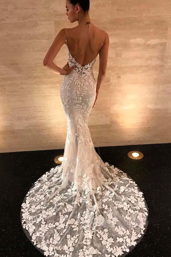 Gorgeous Mermaid Straps Open Back Lace Wedding Dresses TN191 - Tirdress
