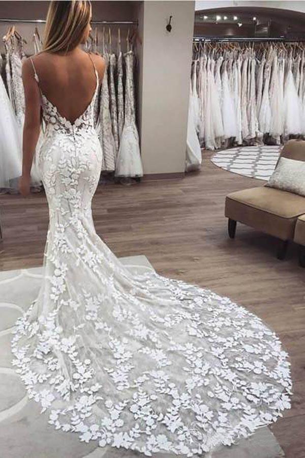 Gorgeous Mermaid Straps Open Back Lace Wedding Dresses TN191 US4 / Ivory Gorgeous Mermaid Straps Open Back Lace Wedding Dresses TN191 US4 / Ivory