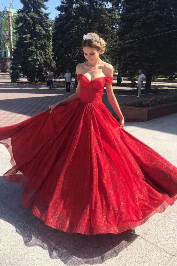 Gorgeous Off Shoulder A-Line Red Long Prom Formal Dress TP0973 - Tirdress