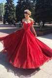 Superbe robe de bal longue rouge à épaules dénudées A-ligne TP0973