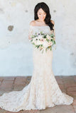 Wunderschönes schulterfreies Brautkleid im Meerjungfrau-Stil mit weißer Spitze und langen Ärmeln WD119
