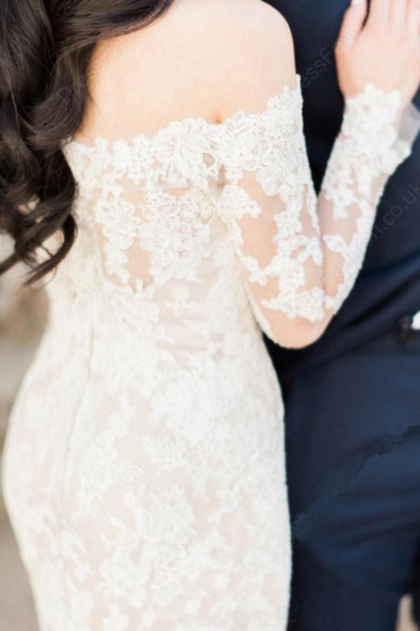 Gorgeous Off Shoulder White Lace Long Sleeves Mermaid Wedding Dress WD119 - Tirdress