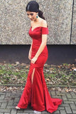 Superbe robe de bal longue rouge à épaules dénudées avec fente latérale TD001