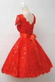 Gorgeous Scalloped-Edge Knee-Length Red Lace Homecoming Dress With Sash TR0097 - Tirdress