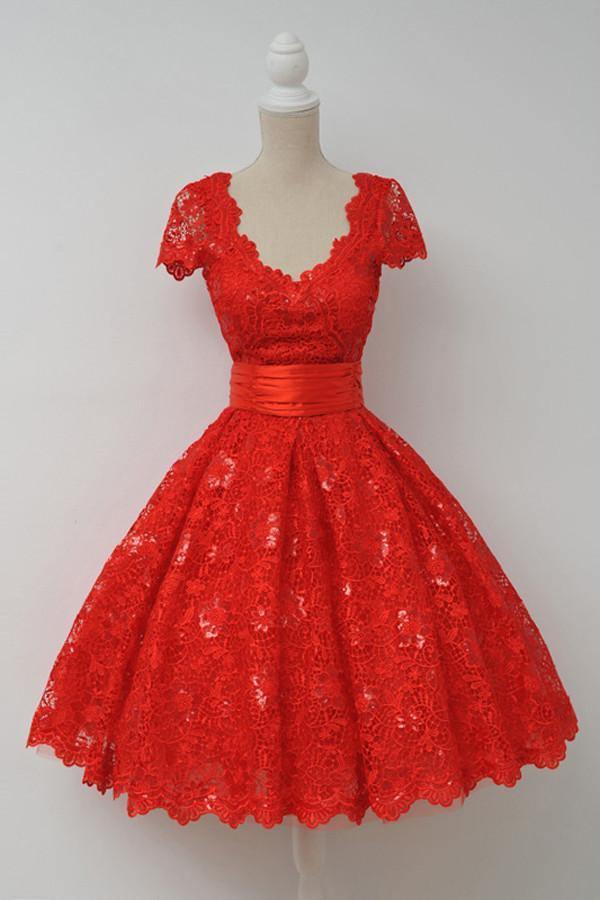 Gorgeous Scalloped-Edge Knee-Length Red Lace Homecoming Dress With Sash TR0097 - Tirdress