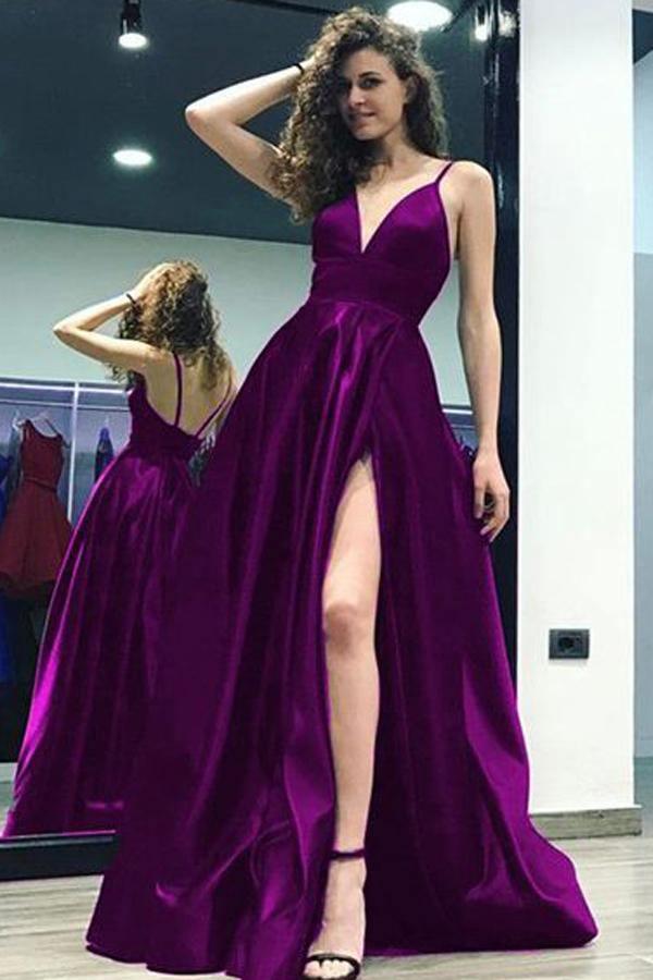 Grape Satin A-line V-neck Split Backless Long Prom Dress With Straps TP0147 - Tirdress