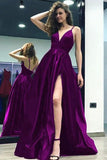 Grape Satin A-line V-neck Split Backless Long Prom Dress With Straps TP0147