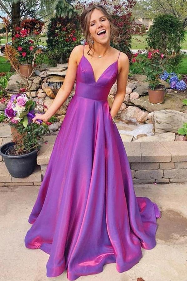 Grape Spaghetti Straps Satin Long Prom Dress With Pockets TP1075 US8 / As Picture Grape Spaghetti Straps Satin Long Prom Dress With Pockets TP1075 US8 / As Picture