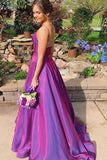 Grape Spaghetti Straps Satin Long Prom Dress With Pockets TP1075 - Tirdress