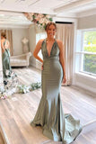 Gray Green Mermaid Satin Long Prom Dress Evening Dress TP1028