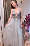 Grey Beaded Plunge A-line Deep V Neck Long Formal Prom Dress TP1145