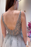 Grey Beaded Plunge A-line Deep V Neck Long Formal Prom Dress TP1145 - Tirdress