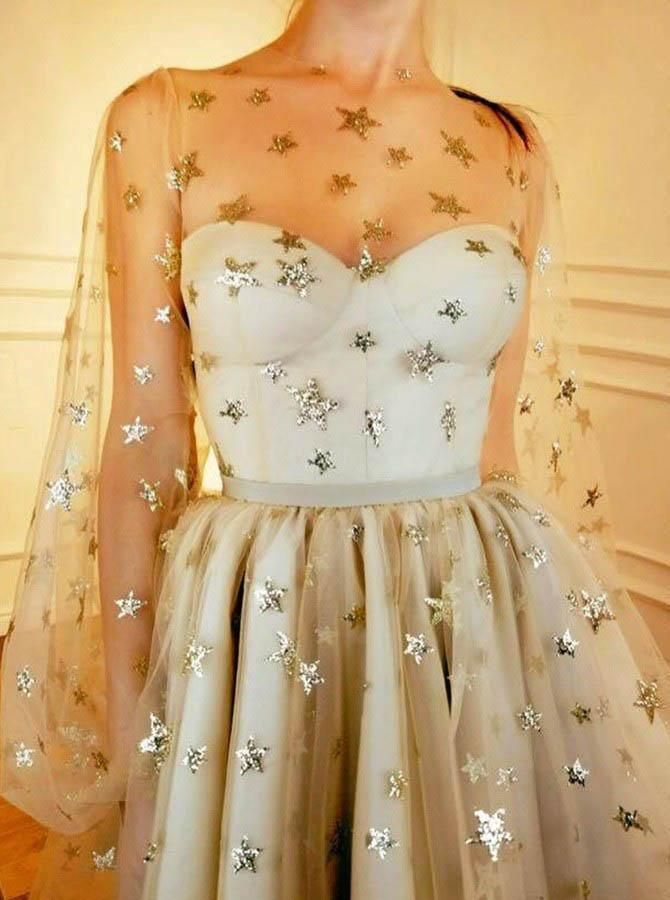 Grey Tulle Long Sleeves Star Homecoming Dress, Short Party Dresses HD0036 - Tirdress