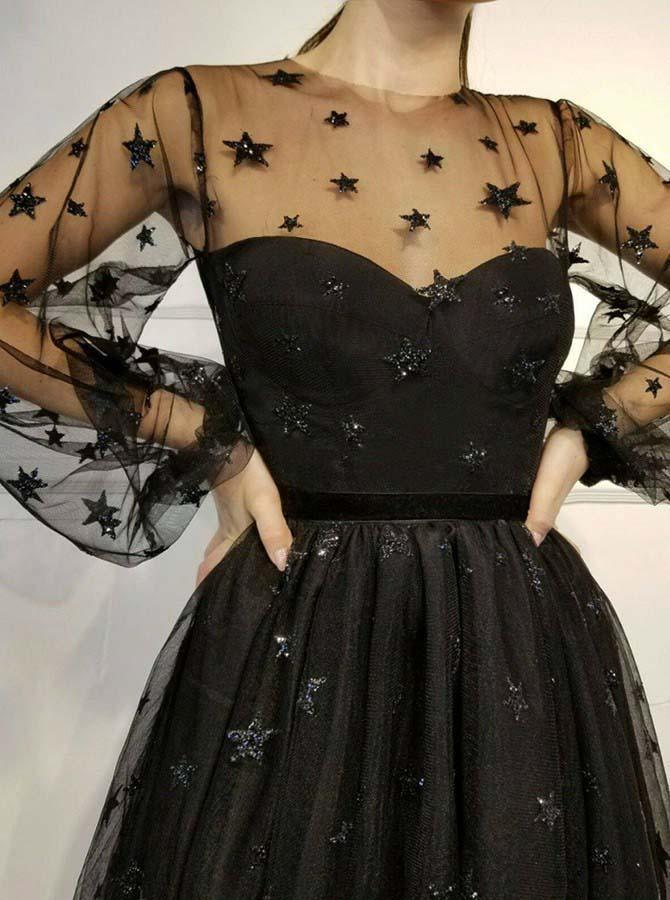 Grey Tulle Long Sleeves Star Homecoming Dress, Short Party Dress HD036 US16 / Black Grey Tulle Long Sleeves Star Homecoming Dress, Short Party Dress HD036 US16 / Black