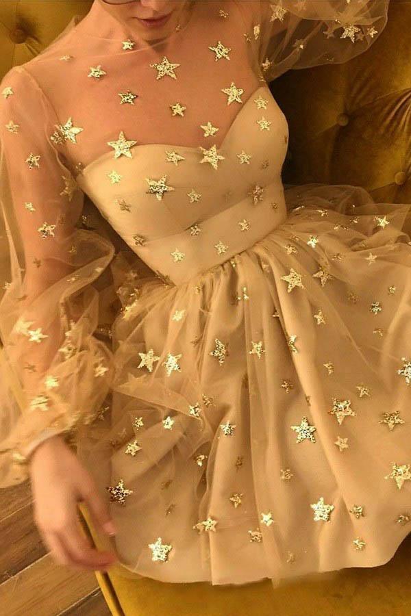 Grey Tulle Long Sleeves Star Homecoming Dress, Short Party Dress HD036 US6 / Grey Grey Tulle Long Sleeves Star Homecoming Dress, Short Party Dress HD036 US6 / Grey