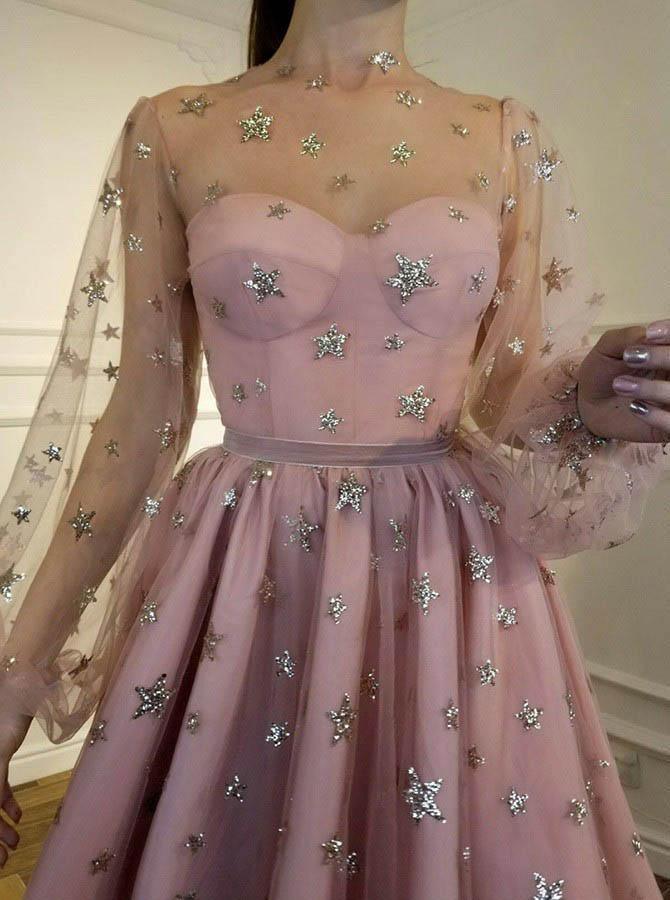 Grey Tulle Long Sleeves Star Homecoming Dress, Short Party Dress HD036 US6 / Pink Grey Tulle Long Sleeves Star Homecoming Dress, Short Party Dress HD036 US6 / Pink