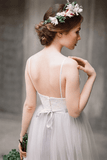Spaghetti Straps Backless Grey Tulle Long Wedding Dresses With Lace Appliques TN305 - Tirdress