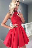 Halter A-line Homecoming Dresses Appliqued Satin Red Short Prom Gowns HD0160