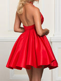 Halter A-line Homecoming Dresses Appliqued Satin Red Short Prom Gowns HD0160 - Tirdress