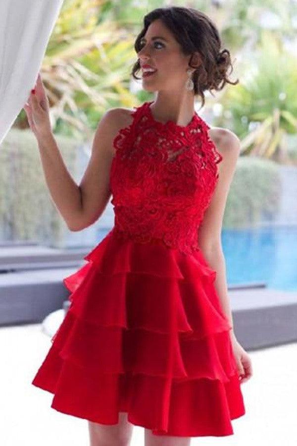 Halter A-line Short Red Lace Homecoming Dress Short Prom Dress Custom Color / US6 Halter A-line Short Red Lace Homecoming Dress Short Prom Dress Custom Color / US6