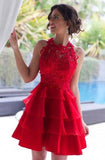 Halter A-line Short Red Lace Homecoming Dress Short Prom Dress TR0042 - Tirdress