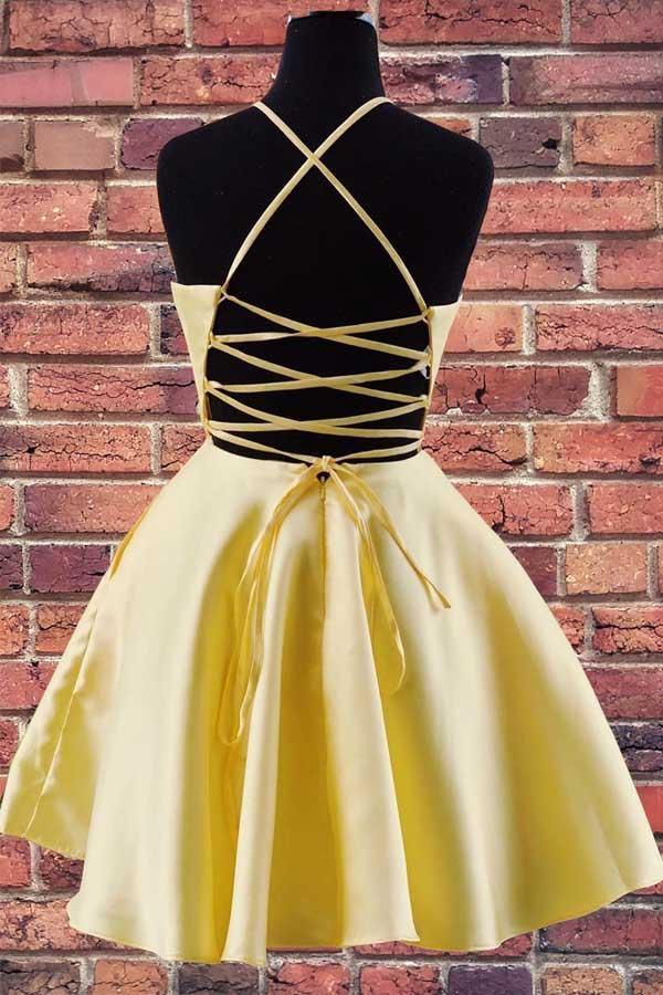 Halter Embroidered Yellow Satin Homecoming Dress with Pockets HD0059 - Tirdress