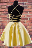 Halter Embroidered Yellow Satin Homecoming Dress with Pockets HD0059 - Tirdress